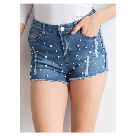Blue denim shorts with pearls and rifts