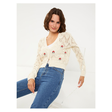 LC Waikiki V-Neck Embroidered Long Sleeve Women's Knitwear Cardigan