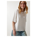 Happiness İstanbul Women's Off White Premium Crew Neck Oversize Knitted T-Shirt