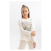 DEFACTO Girl's Oversize Fit Printed Crew Neck Long Sleeve T-Shirt