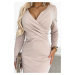 Elegantné béžové bavlnené dámske šaty s preloženým obálkovým výstrihom a dlhými rukávmi 398-3