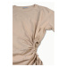 Dilvin 30184 Side Gathered T-Shirt-Light beige