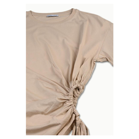 Dilvin 30184 Side Gathered T-Shirt-Light beige