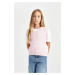 DEFACTO Girl's Pink Standard Fit V-Neck Knitted Patterned Sweater