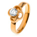 Lesklý oceľový prsteň v zlatom odtieni, obrys kvietka s čírym zirkónom - Veľkosť: 57 mm