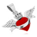 Prívesok zo striebra 925, červené srdce so stuhou, korunkou a krídlami