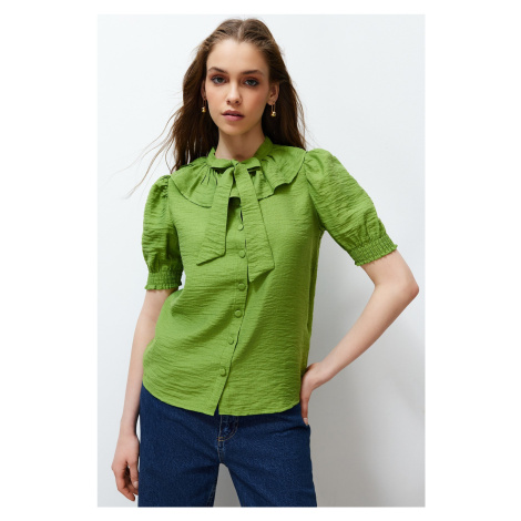 Trendyol Green Collar Tie Detailed Short Sleeve Regular Fit Woven Shirt