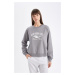 DEFACTO Women's Gray Regular Fit Crew Neck Printed Thin Sweatshirt