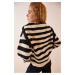 Happiness İstanbul Women's Black Cream Polo Collar Striped Knitwear Sweater
