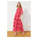 Trendyol Chiffon Woven Evening Dress with Tiered Pink Floral Skirt
