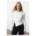 Trendyol Ecru Crop Furry Side Button Detail Knitwear Sweater