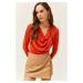 Olalook Women's Orange Waistband Pleated Roll Up Collar Blouse