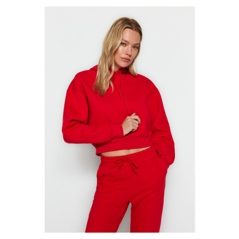 Trendyol Red Thick Fleece Hooded Relaxed Cut Crop Basic Knitted Sweatshirt