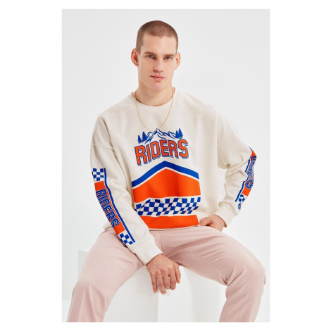 Trendyol Ecru Oversize/Wide Cut Long Sleeve Printed Sweatshirt