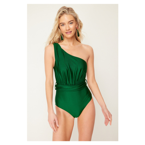 Trendyol Green One-Shoulder Draped Regular Swimsuit