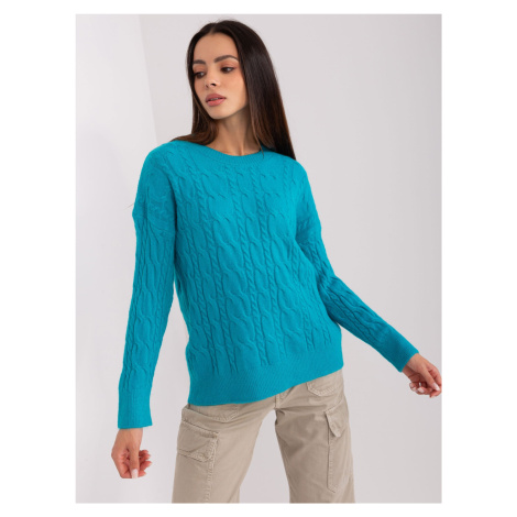 Turquoise sweater with cables and cuffs