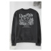 Trendyol Anthracite Oversize/Wide Cut Embroidered Front Printed Back Fleece Inside Sweatshirt