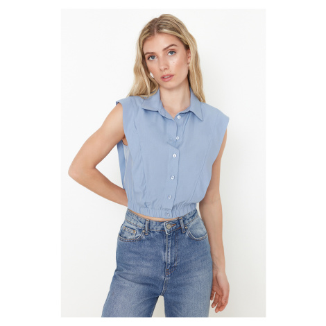 Trendyol Blue Crop Shoulder Detailed Sleeveless Fitted Woven Shirt