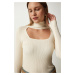 Happiness İstanbul Women's Cream Cut Out Detailed High Collar Ribbed Knitwear Sweater