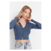 Trendyol Indigo Button Detailed Fitted Crop Polo Neck Ribbed Stretchy Knitted Blouse