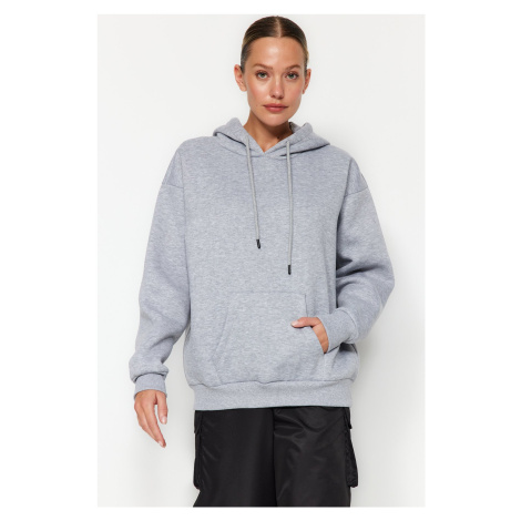 Trendyol Gray Melange Thick Fleece Inside Oversize/Wide Fit Hoodie Basic Knitted Sweatshirt