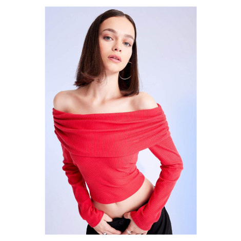 DEFACTO Fitted Bodycon Off Shoulder Ribbed Camisole Red Long Sleeve T-Shirt