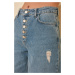 Trendyol Blue Front Button High Waist Culotte Jeans Navy