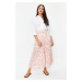 Trendyol Ecru Floral Pattern Pleated Woven Skirt with Elastic Waist