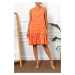 armonika Women's Orange Daisy Pattern Sleeveless Skirt with Ruffle Frilled Dress