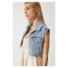 Happiness İstanbul Women's Ice Blue Crop Denim Vest