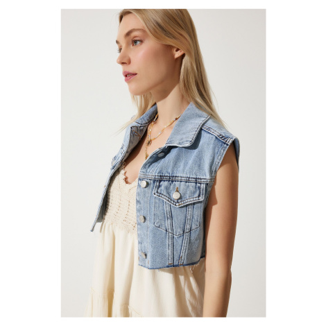 Happiness İstanbul Women's Ice Blue Crop Denim Vest