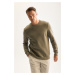 DEFACTO Khaki 3 Thread Cotton Raised Polar Fleece Regular Fit Crew Neck Thick Sweatshirt