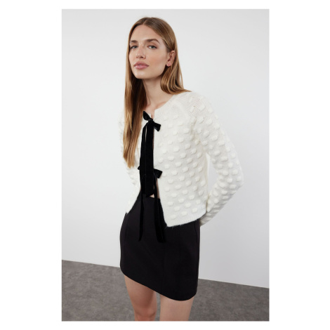 Trendyol Ecru Crop Soft Textured Ribbon/Bow Detailed Knitwear Cardigan