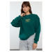 Trendyol Emerald Green Thick Polar Fleece Slogan Printed Knitted Sweatshirt