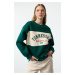 Trendyol Green Color Block Slogan Printed Oversize Fit Thick Inside Fleece Knitted Sweatshirt