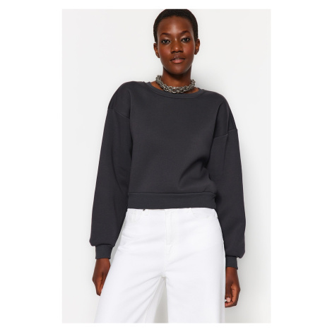 Trendyol Anthracite Comfort Fit Crop Basic Crew Neck Thick Fleece Knitted Sweatshirt