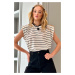 Trend Alaçatı Stili Women's White Bicycle Ribbed Collar Striped T-Shirt with Padded Shoulders