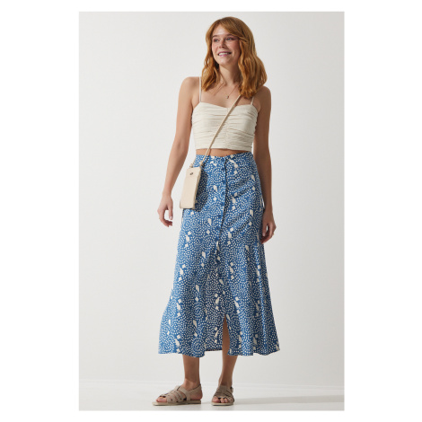 Happiness İstanbul Women's Indigo Blue Patterned Slit Viscose Skirt