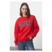 Trendyol Red Thick Fleece Inside Oversize/Wide Cut Slogan Embroidered Knitted Sweatshirt