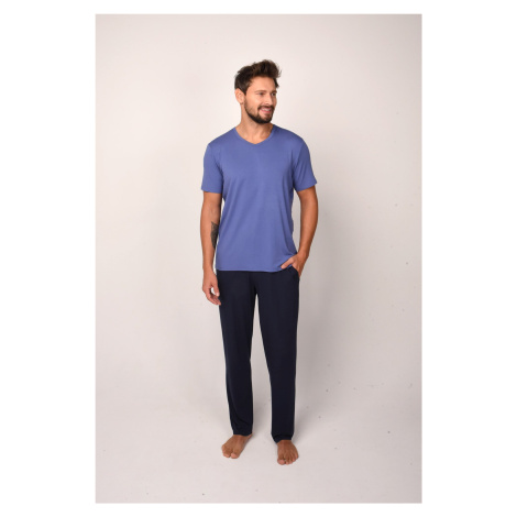 Men's Pyjamas Dallas, Short Sleeves, Long Pants - Blue/Navy Blue Italian Fashion