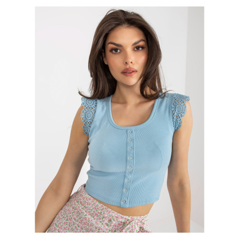 Light blue cotton blouse with ribbed lace