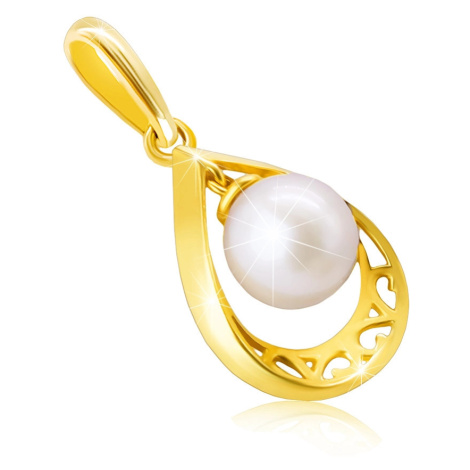 Prívesok zo 14K žltého zlata - kontúra slzy s výrezom ornamentov, perla bielej farby