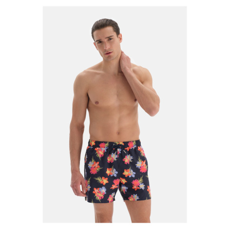 Dagi Navy Blue - Pink Floral Patterned Short Swim Shorts