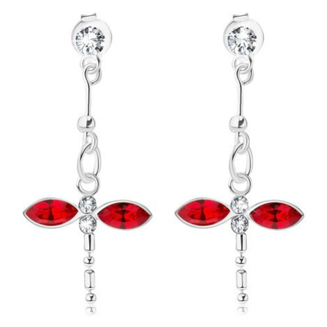 Náušnice zo striebra 925, visiaca vážka, číre a červené krištále Swarovski