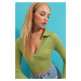 Trend Alaçatı Stili Women's Peanut Green Polo Neck Ribbed Soft Textured Crop Blouse