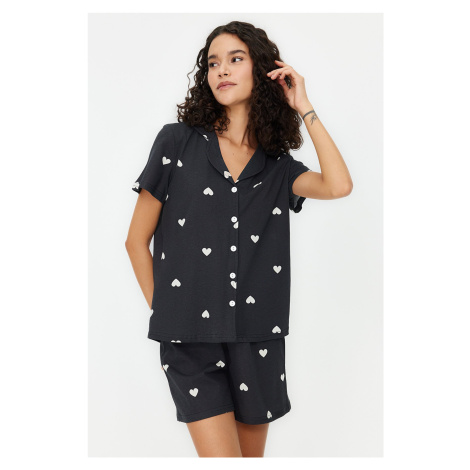 Trendyol Black 100% Cotton Heart Patterned Shirt-Shorts Knitted Pajamas Set