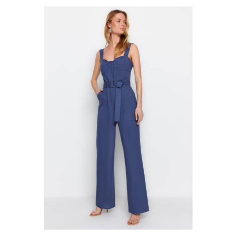 Trendyol Indigo Tie Detailed Wide Leg Maxi Woven Jumpsuit