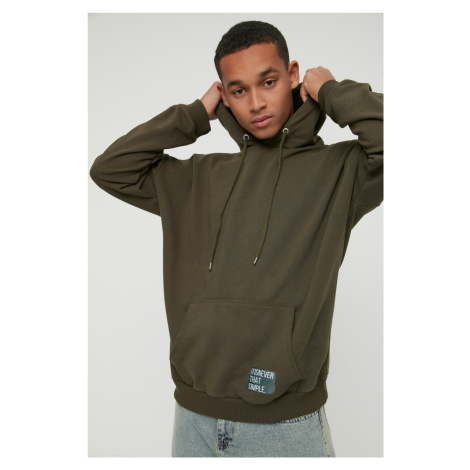 Trendyol Basic Khaki Oversize/Wide-Fit Hooded Labeled Fleece Inner Sweatshirt