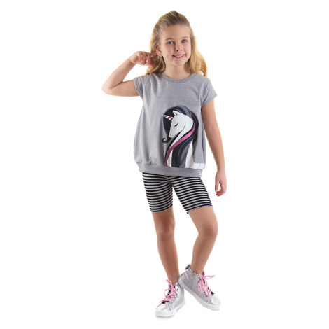 Denokids Striped Unicorn Girl Gray Black Summer T-shirt Tights Set