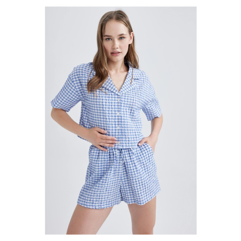 DEFACTO Cool Oversize Pajama Collar Crinkle Gingham Short Sleeve Shirt